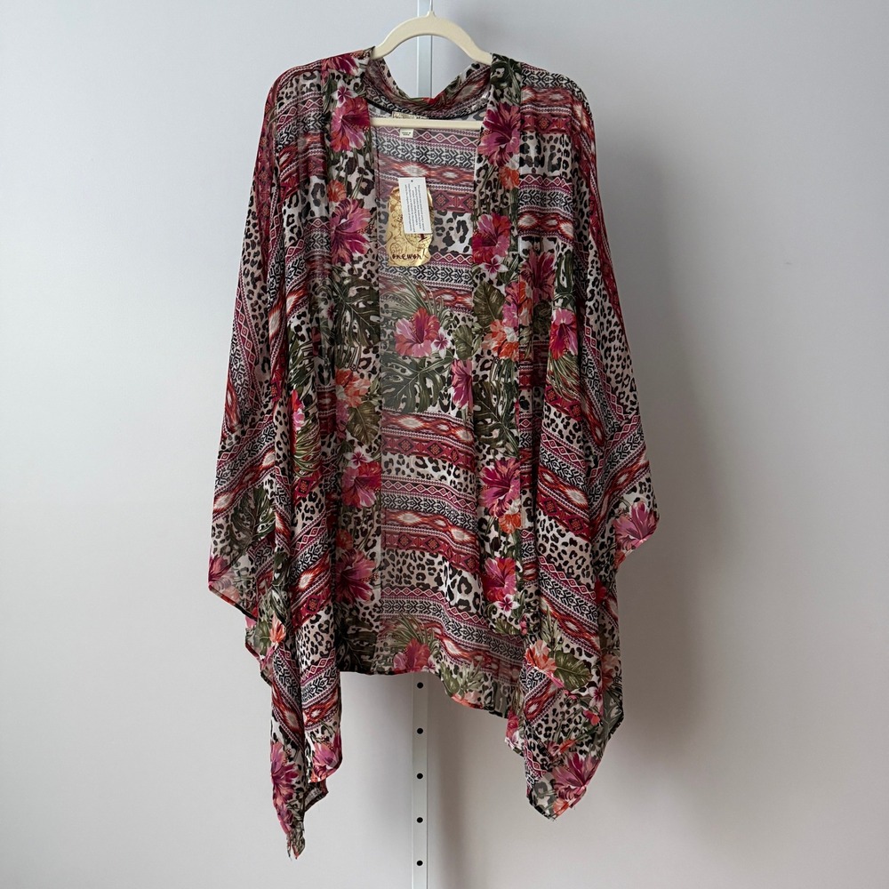 One‎ World 2X Boho Kimono Floral Leopard Flowy Beachy Shabby Festival Wrap NWT